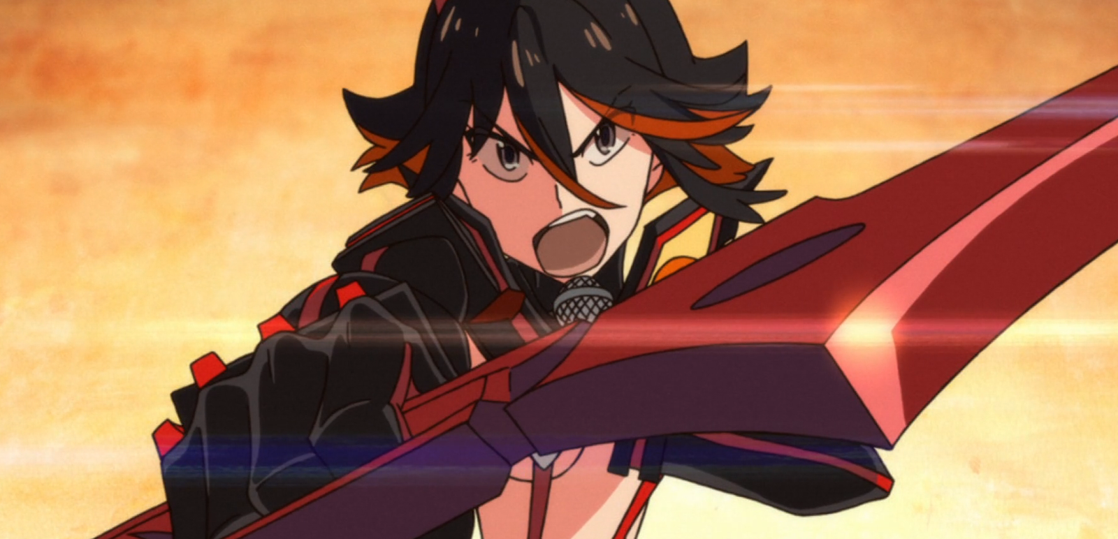 Ryuko in Kill la Kill anime holds a mic and a red weapon in her hand 