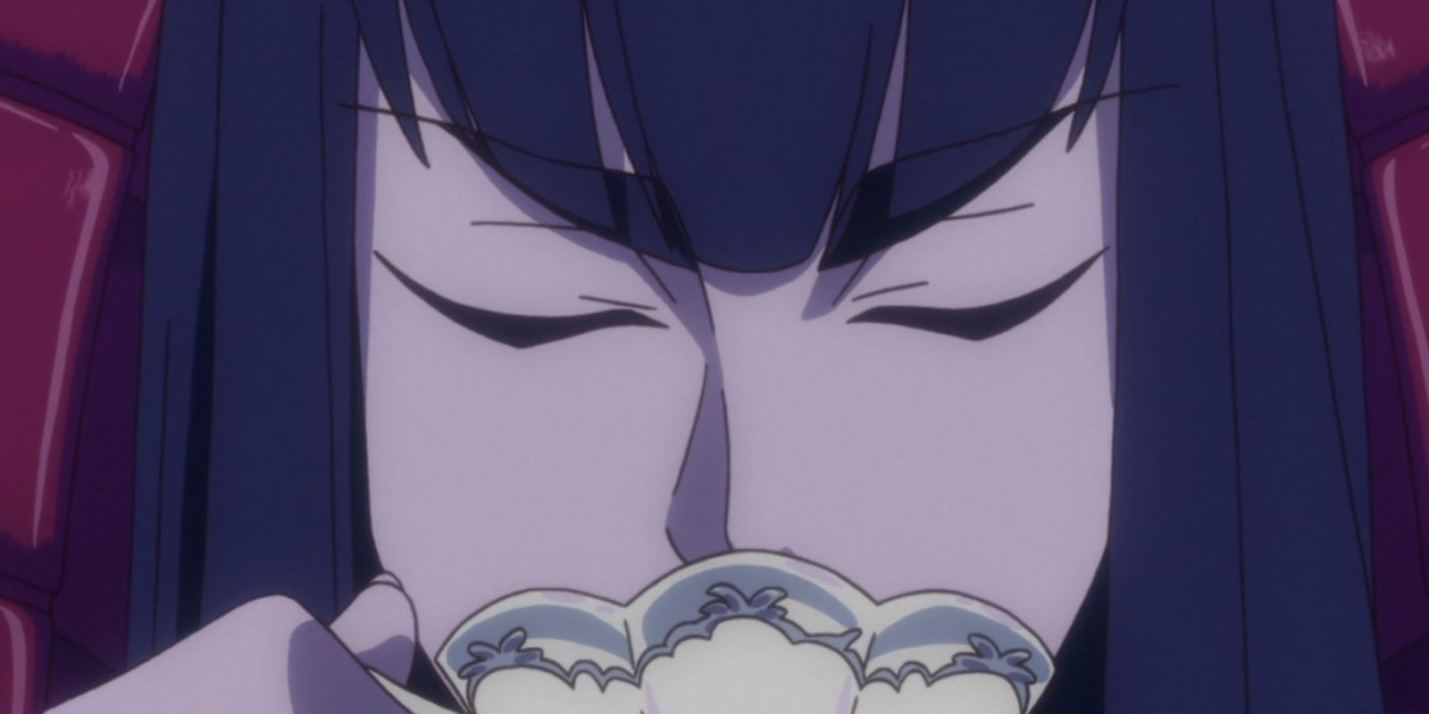 Satsuki in Kill la Kill anime is drinking tea from her cup with her eyes closed 