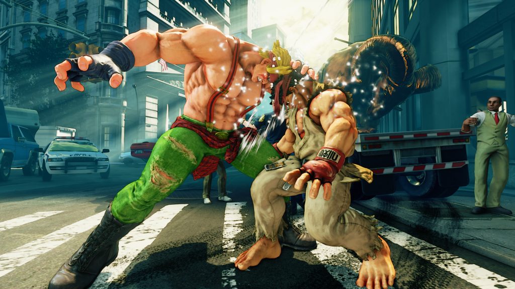 Alex and Ryu from Street Fighter V fighting each other in the street while Alex holds Ryu's head in place for a headbutt.