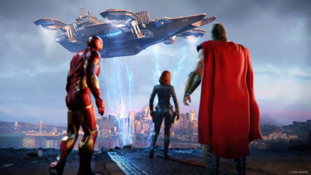 The image shows multiple avengers in a cutscene in Marvel's Avengers. 