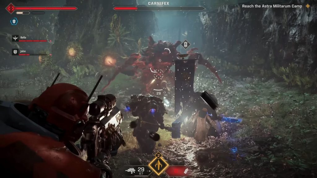  Space Marine 2's "Operations" game mode shows three players fighting a Carnifex in co-op.