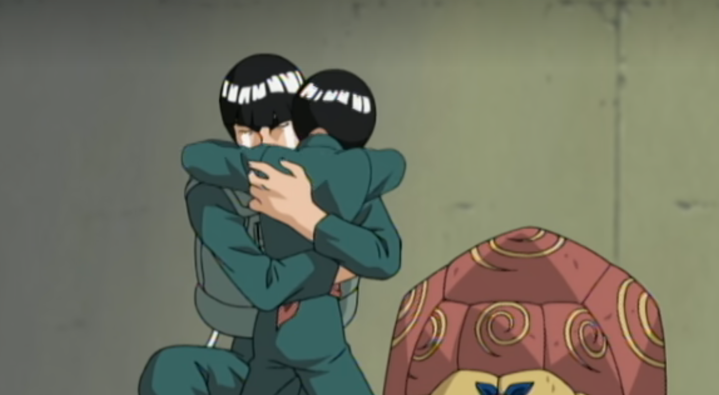 Might guy has tears streaming down his eyes as he hugs Lee in Naruto 