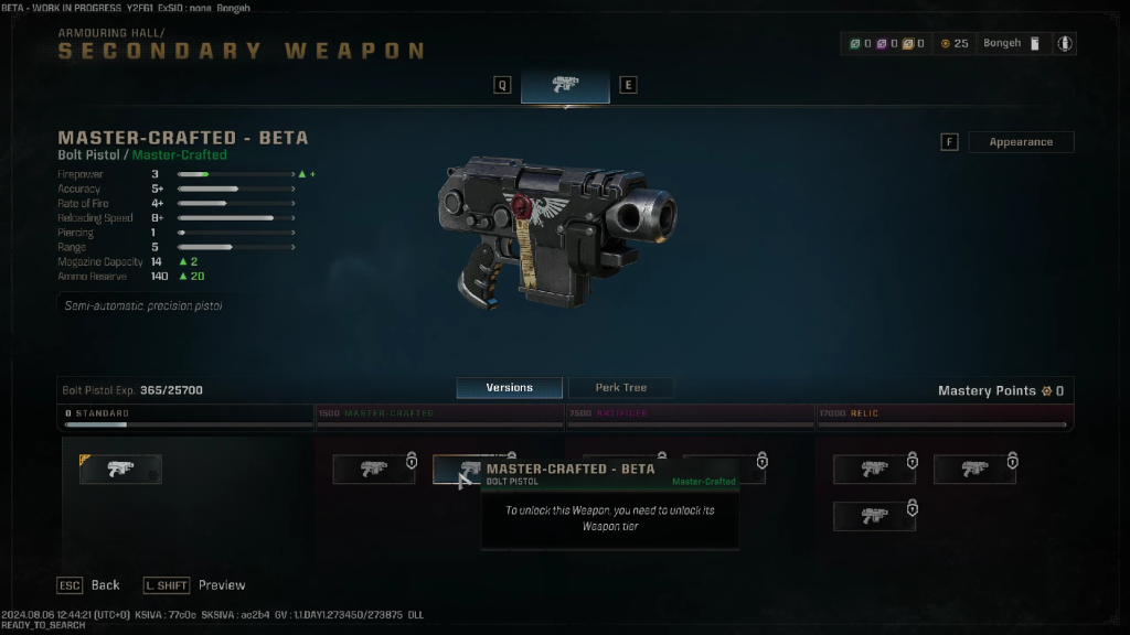 The player selecting the Bolt Pistol as a secondary weapon for the Heavy Class in the armouring hall menu.