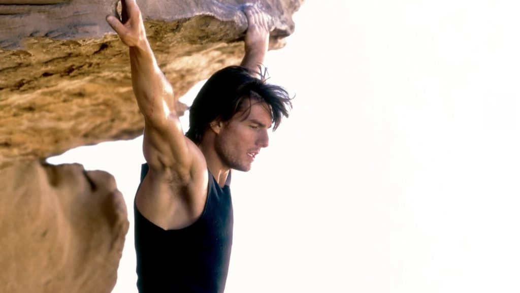 Tom Cruise in his iconic Mission Impossible 2 stunt 