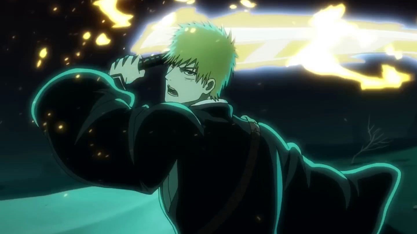 Ichigo swings his sword which is glowing in Bleach