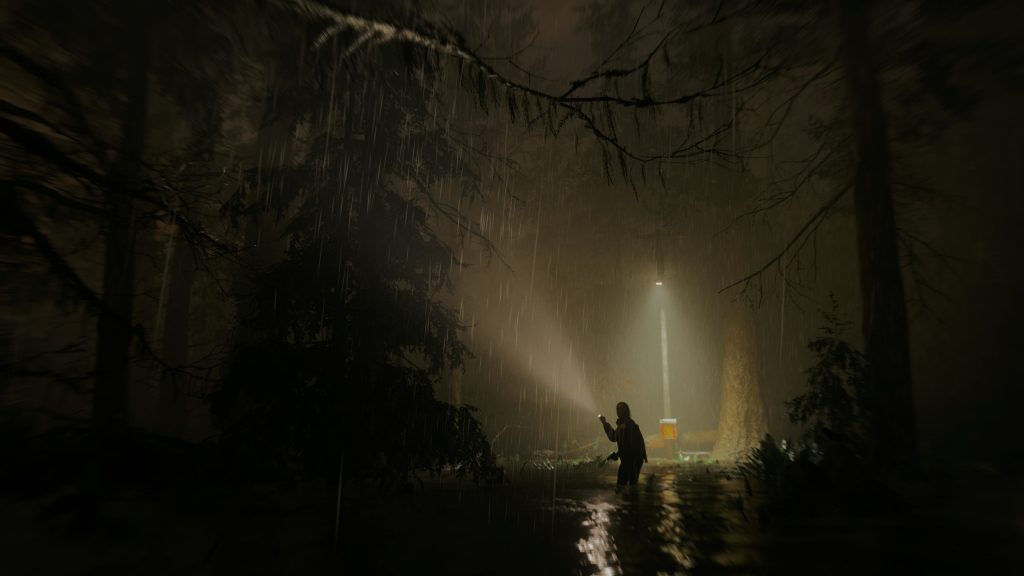 A still from Alan Wake 2, featuring Saga exploring the area around Cauldron Lake.