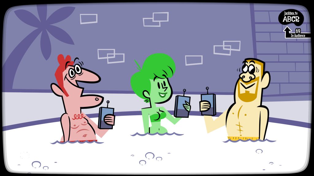 An image of three Jackbox characters sitting in a hot tub.