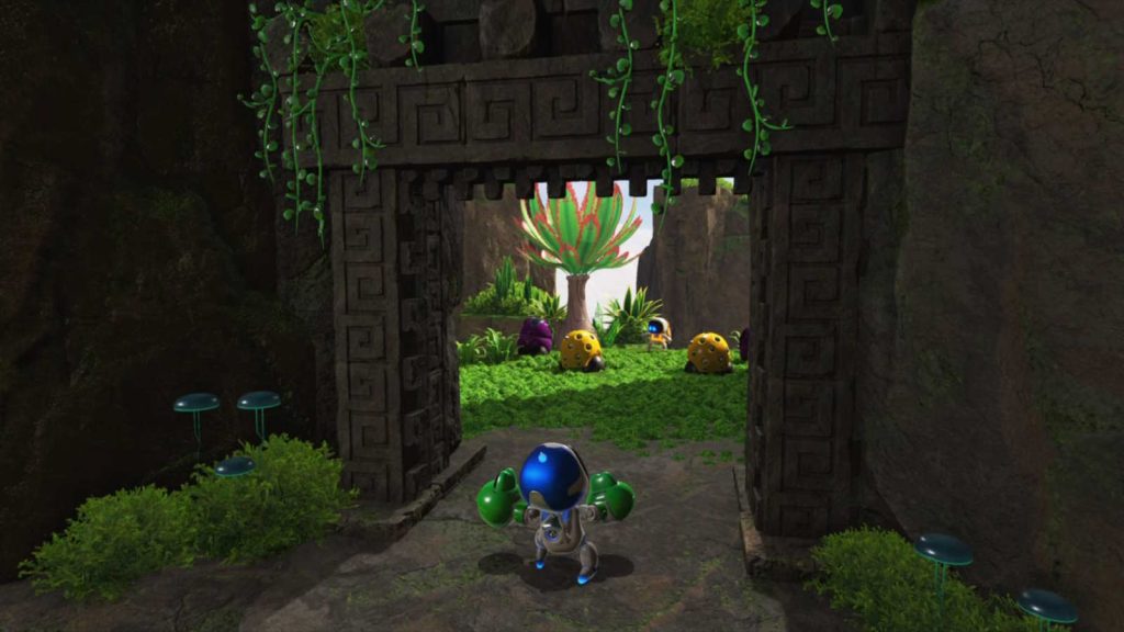 Astro Bot screenshot showing one of the Az-Tech Trail collectible locations in which a bot is hiding behind an opening in a wall surrounded by enemies.