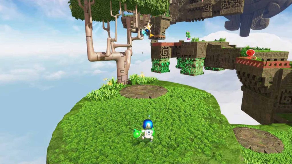 Astro Bot screenshot showing Astro on a grassy patch and a bot hanging off of a tree in front of him.