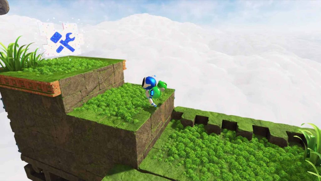 Astro Bot screenshot from the Az-Tech level showing Astro on a grassy platform jumping towards a floating jigsaw piece