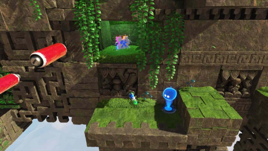 Astro Bot screenshot showing Asto on a grassy platform next to a checkpoint marker with a jigsaw piece floating in a whole in the wall above him