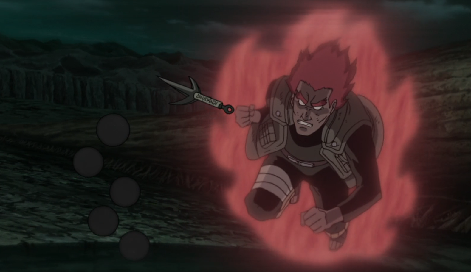 Guy is shrouded in a red aura with his fist in a punch in Naruto 