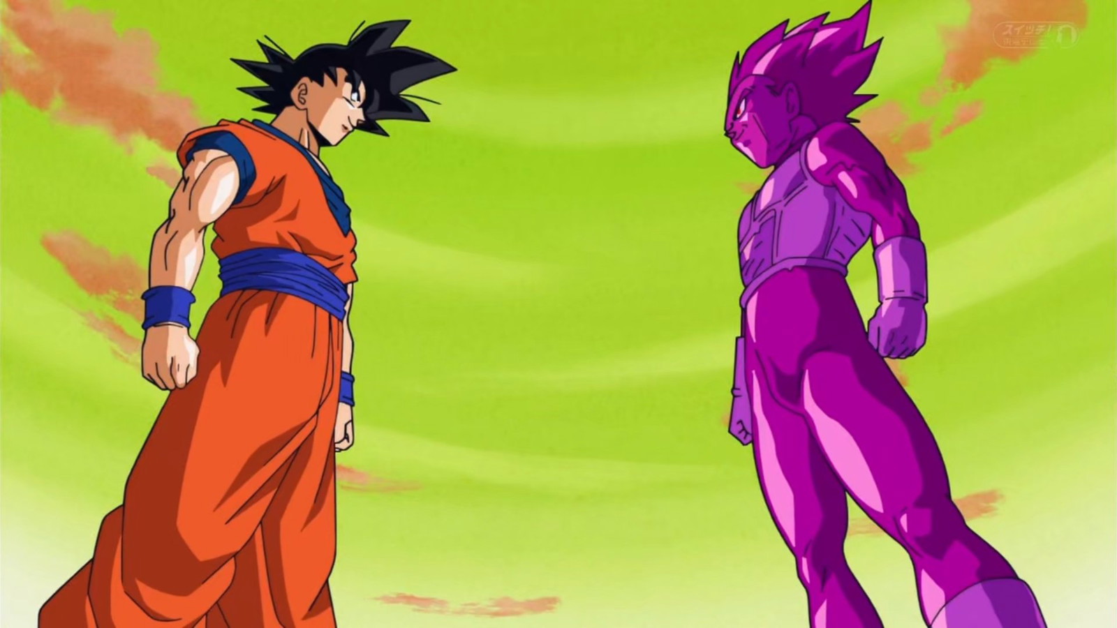 Goku and Vegeta are standing tall in front of each other in Dragon Ball Super