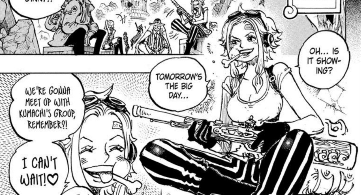 Ginny is sitting with a big rifle in her hand in One Piece manga