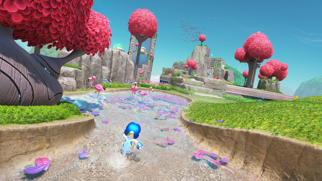 A still from Astro Bot showcasing the game's cutesy, yet high fidelity visuals.