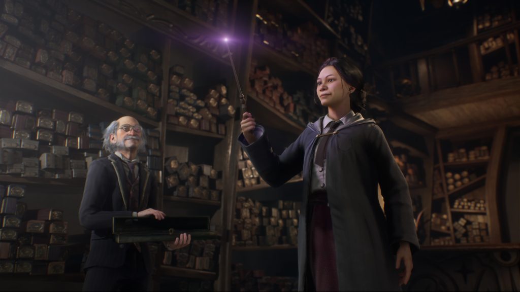 The image shows a player trying to find the correct wand for themselves in Hogwarts Legacy 