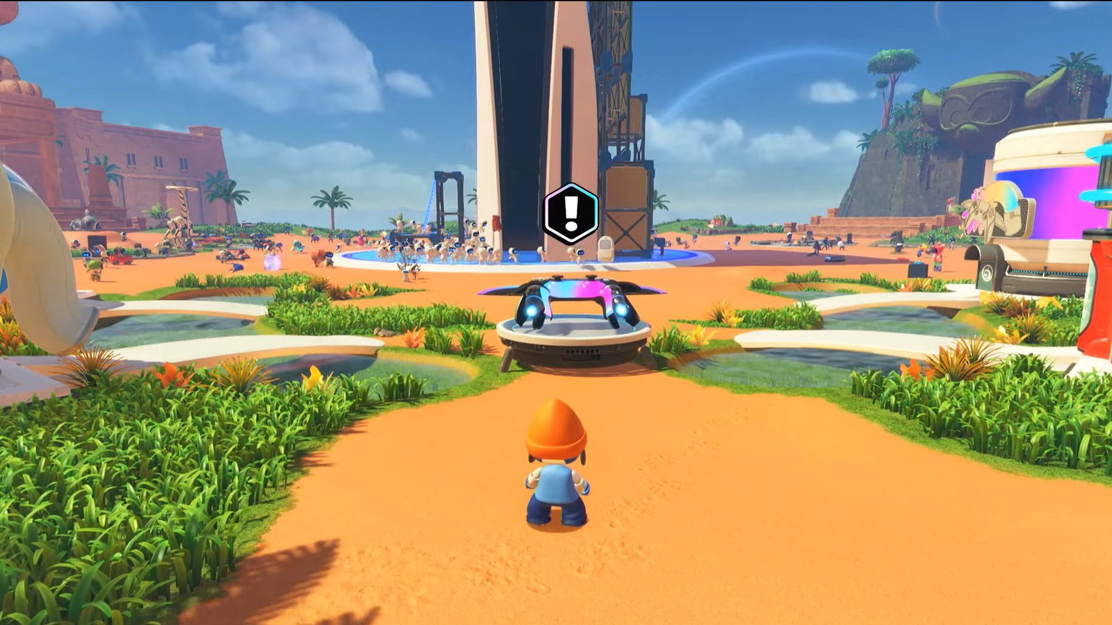 An in-game screenshot of Astro Bot showing Astro's spaceship and the giant PlayStation.