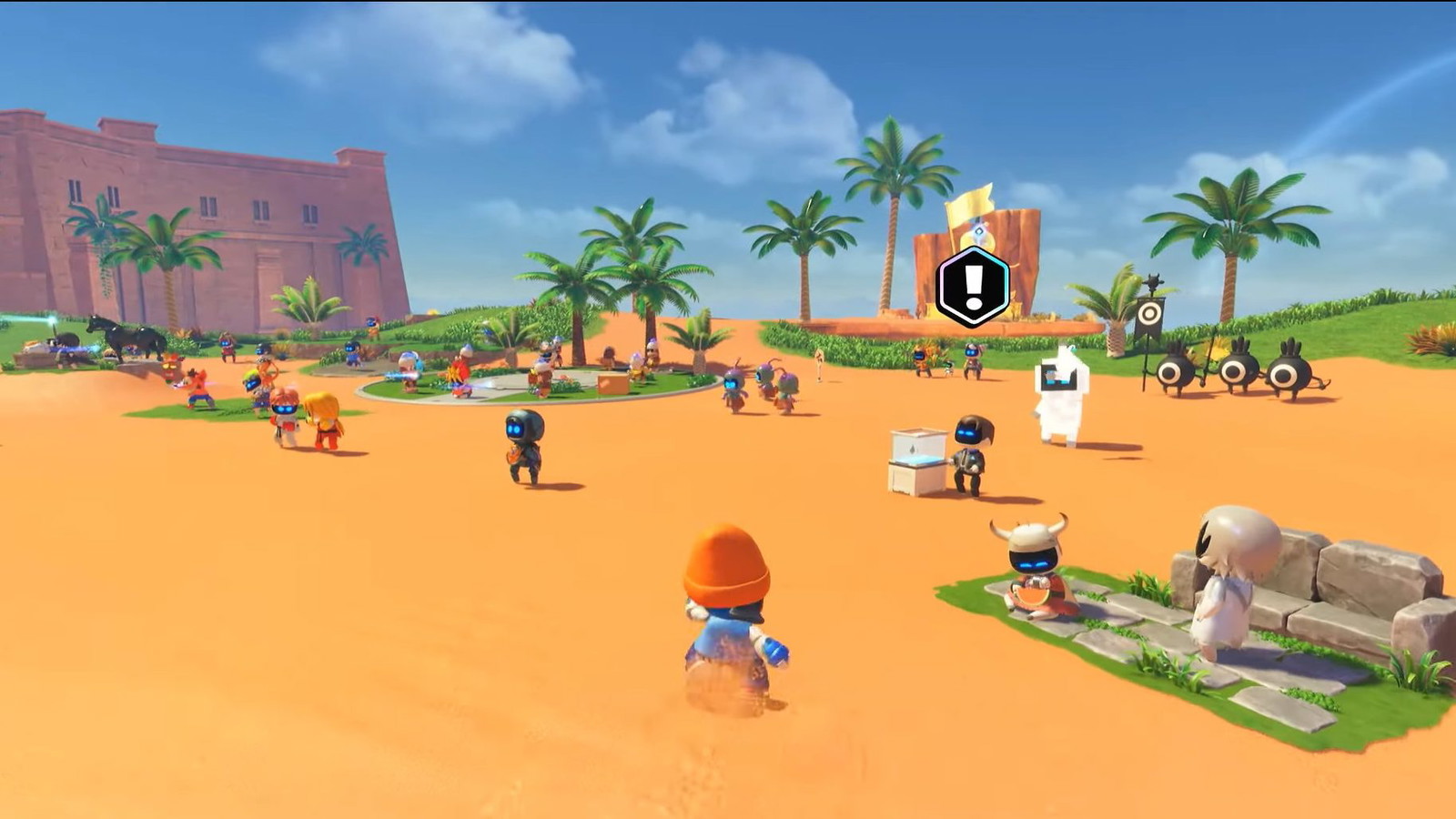 An in-game screenshot of Astro Bot showing the Crash Site populated with various Astro Bots. 