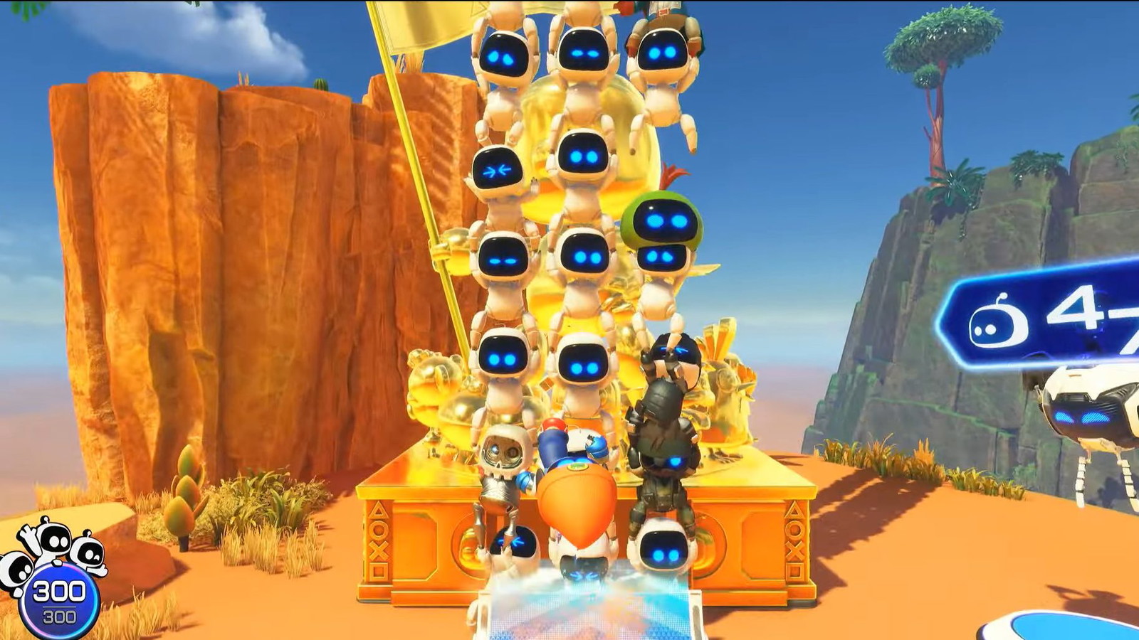 An in-game screenshot of Astro Bot showing Astro Bot climbing a ladder made from all the bots it summoned.