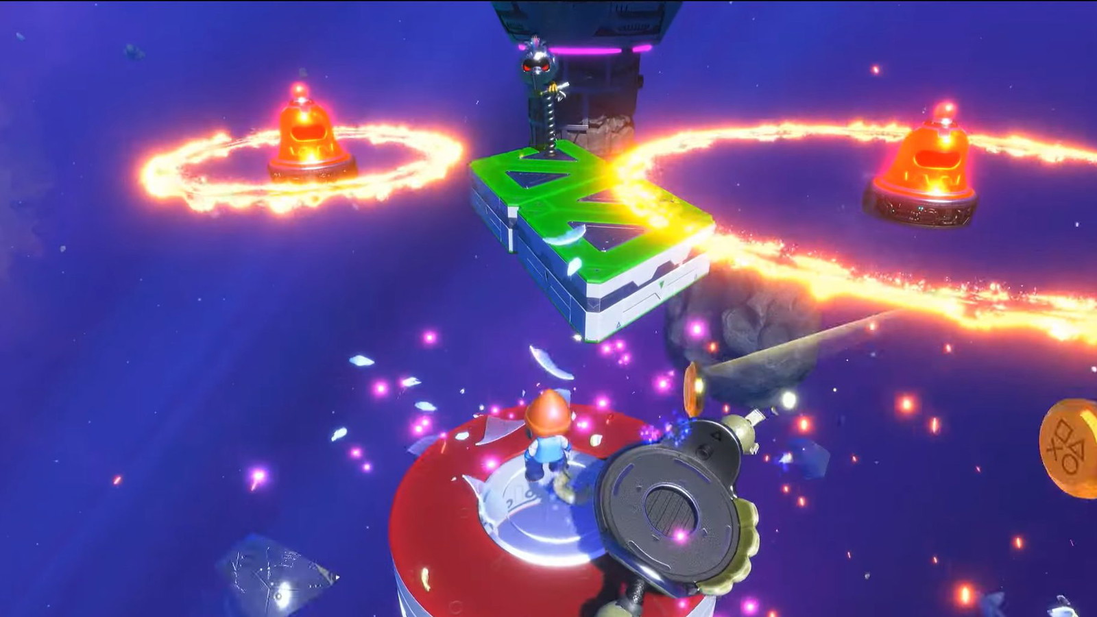 An in-game screenshot of Astro Bot showing Astro destroying a mine-like object and making its way through the Great Master Challenge level.