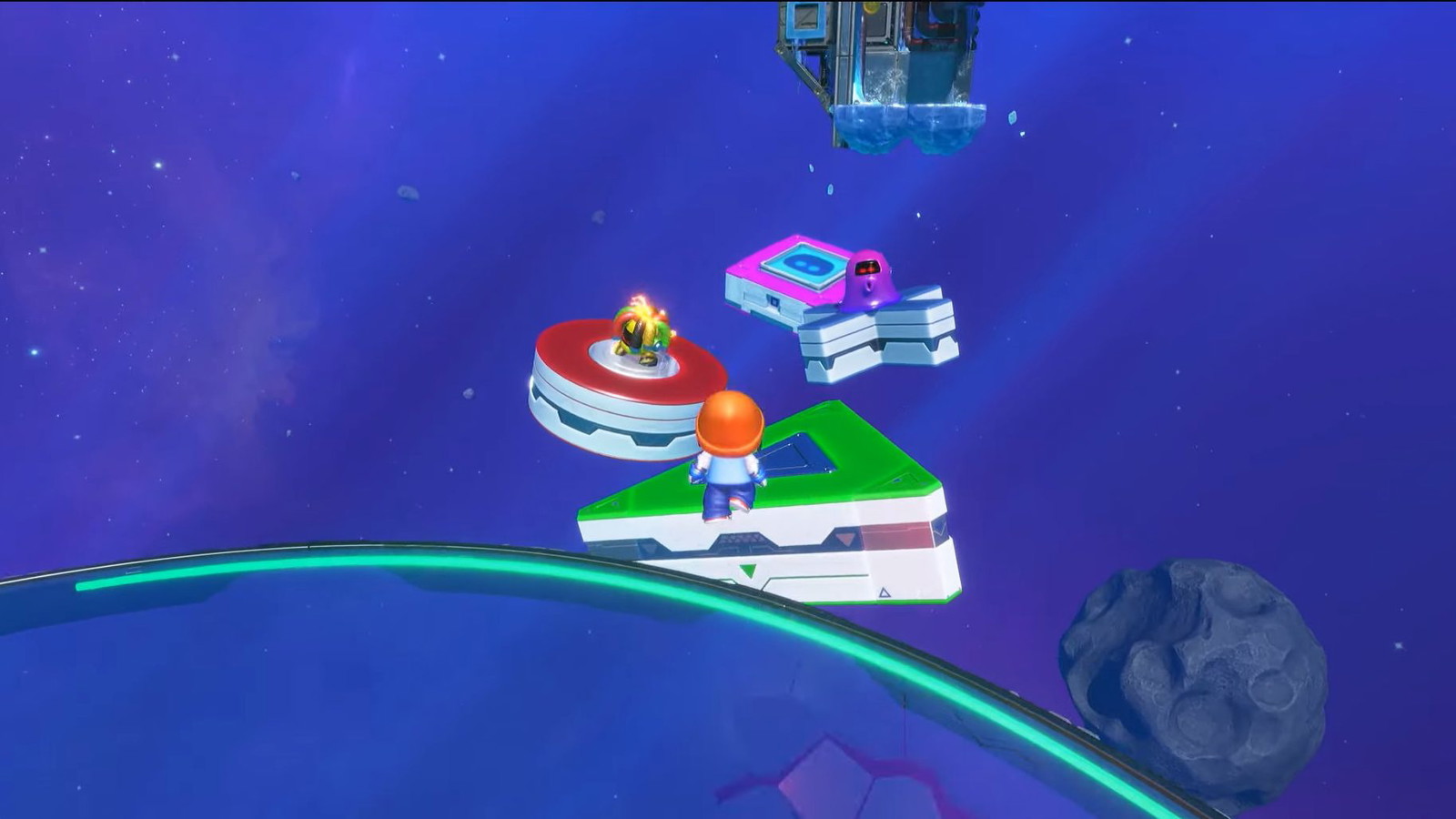 An in-game screenshot of Astro Bot showing Astro making its way to the the ice platform.