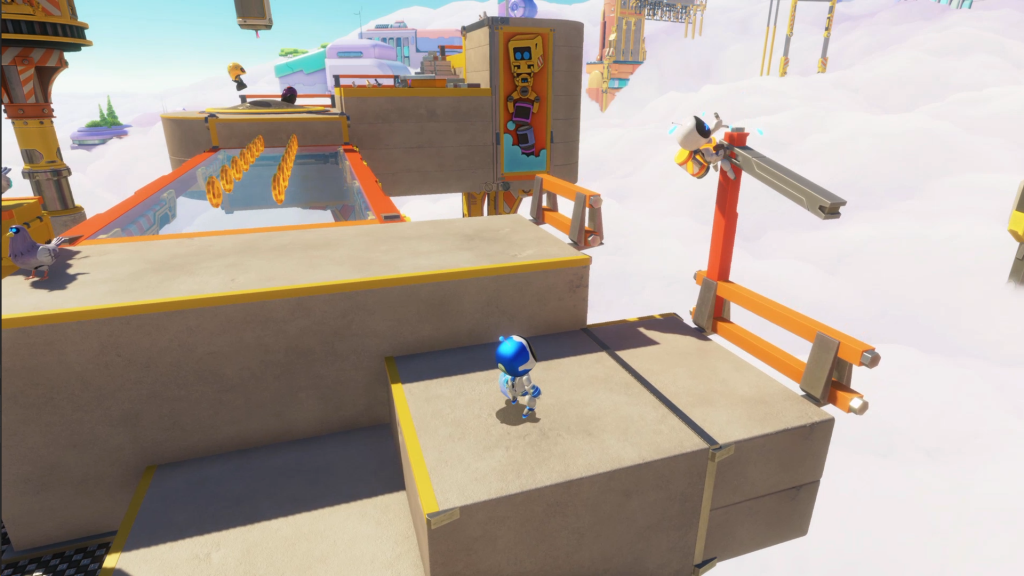 Astro Bot looking at a bot nailing in a steel beam in Construction Derby.