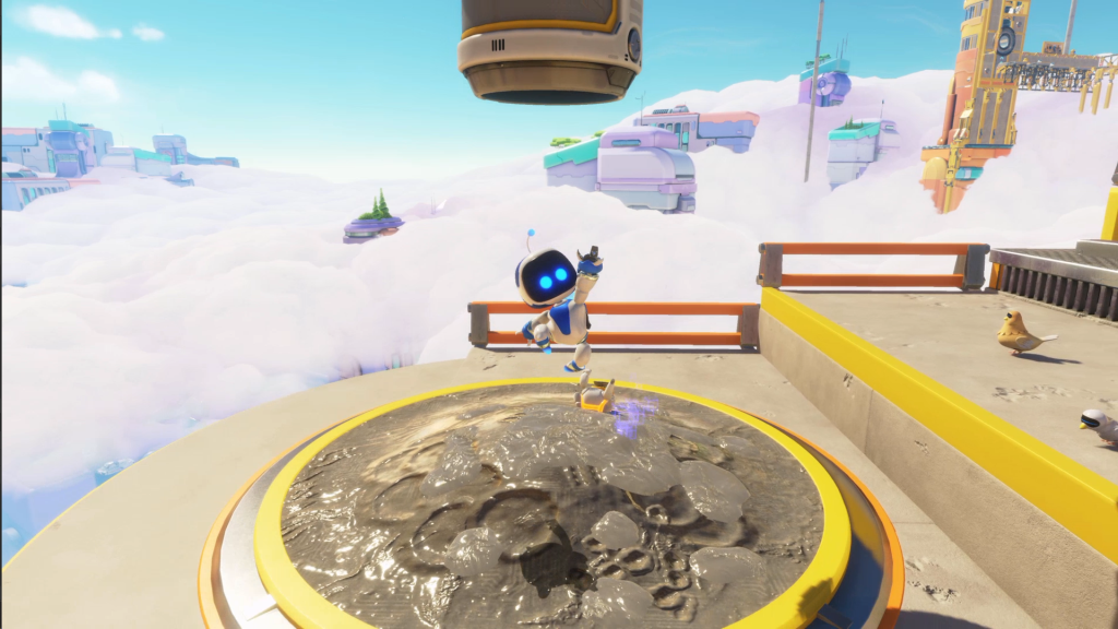 Astro Bot jumping in the air after freeing a bot trapped in cement.