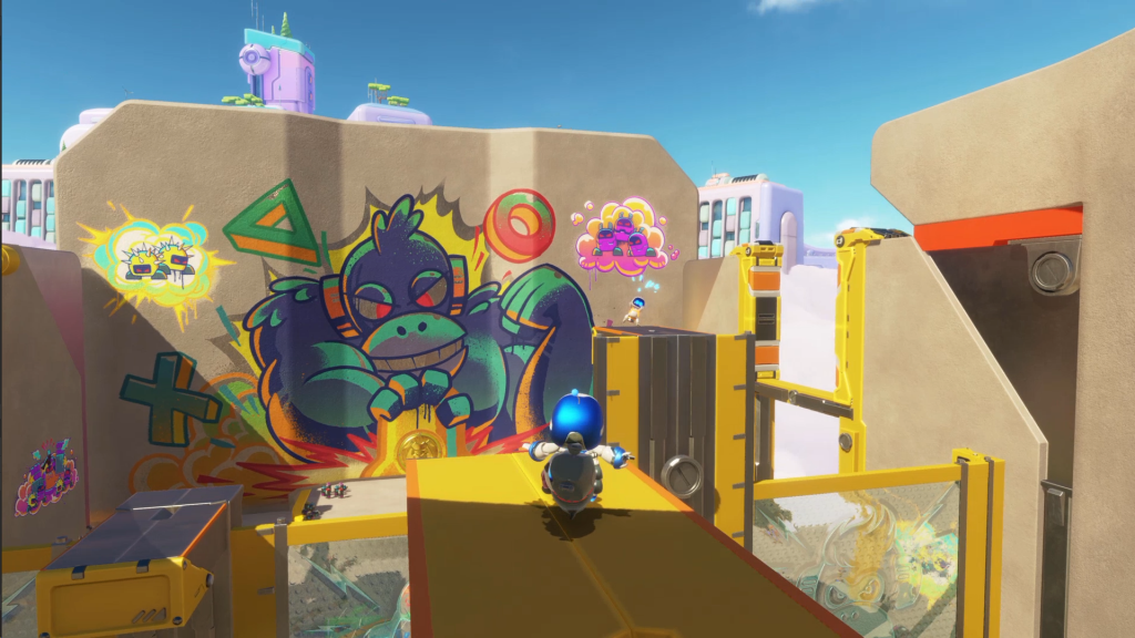 A bot collectible can be found above the main entrance after acquiring the dog. Beautiful graffiti art featuring the gorilla and PlayStation symbols. 