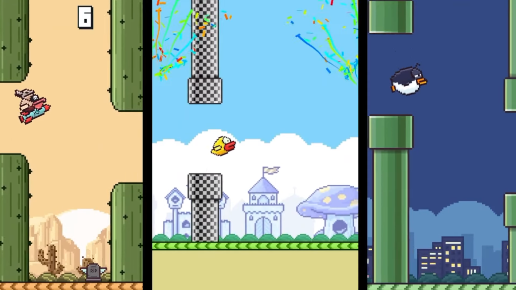 A still from Flappy Bird's trailer, featuring different game modes and levels.