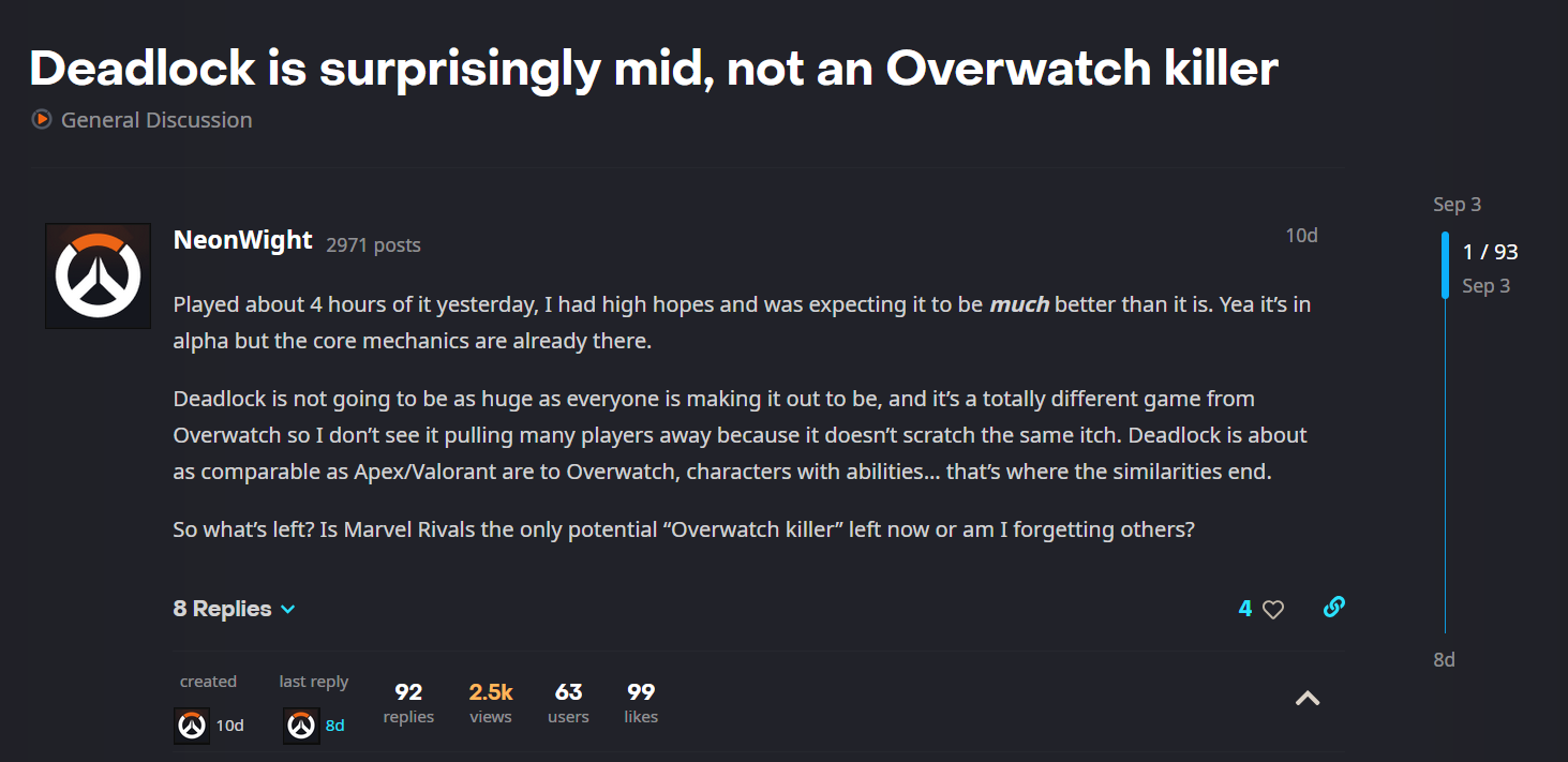 “I don’t see it pulling many players away”: Living in Denial or Avoiding the Inevitable? Many Can’t Accept Deadlock Can be an Overwatch-Killer