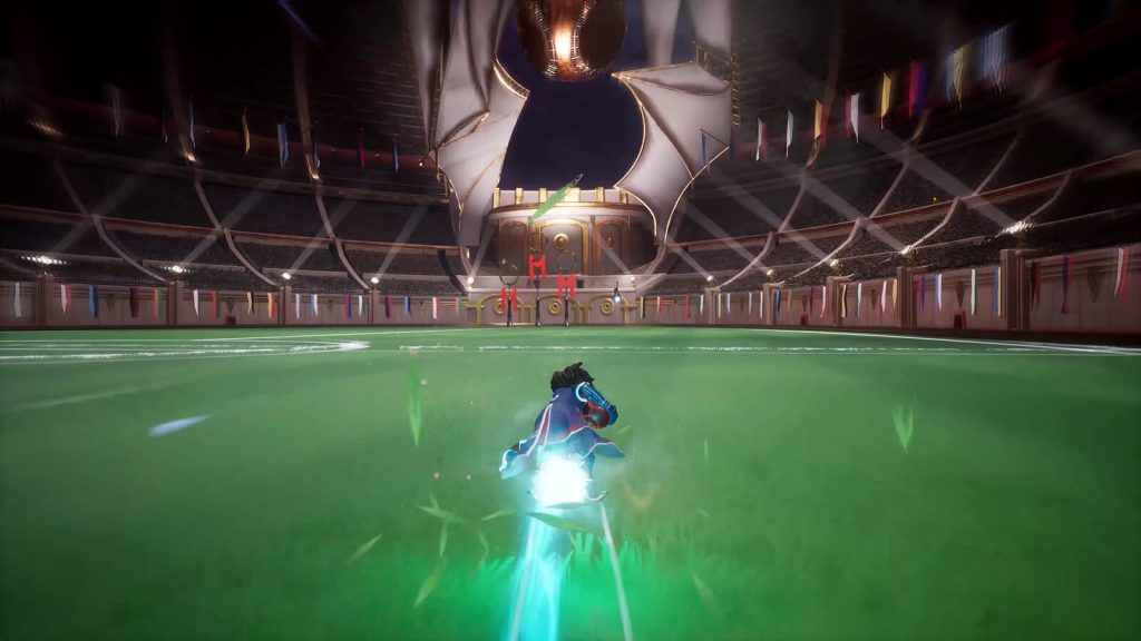 A gameplay screenshot of Quidditch Champions, featuring a player zooming through the stadium on a broom.