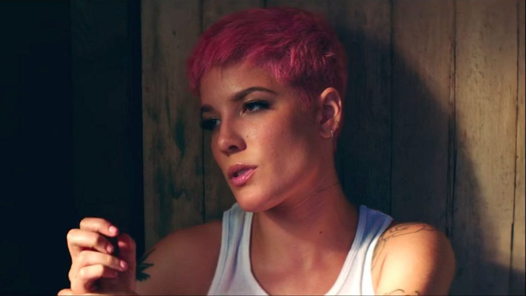 Halsey in the song, Without Me music video. 