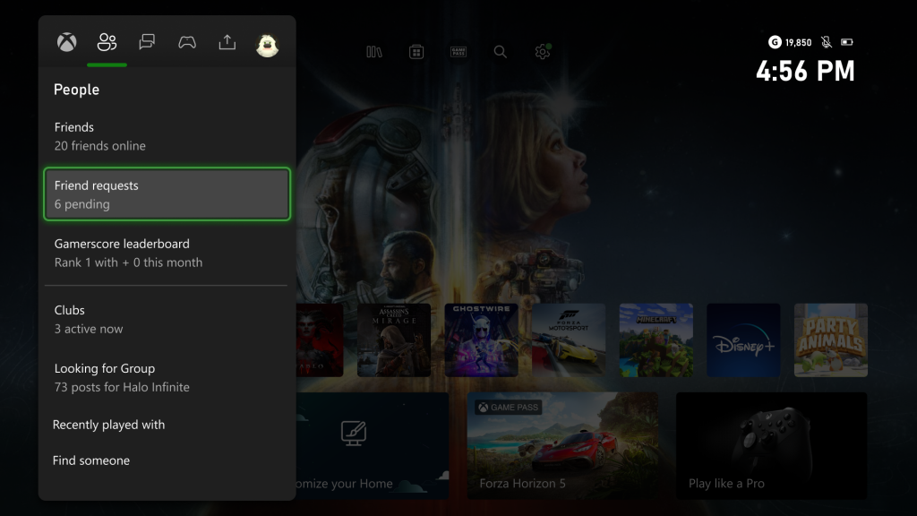 Xbox home screen showing Friend Requests option