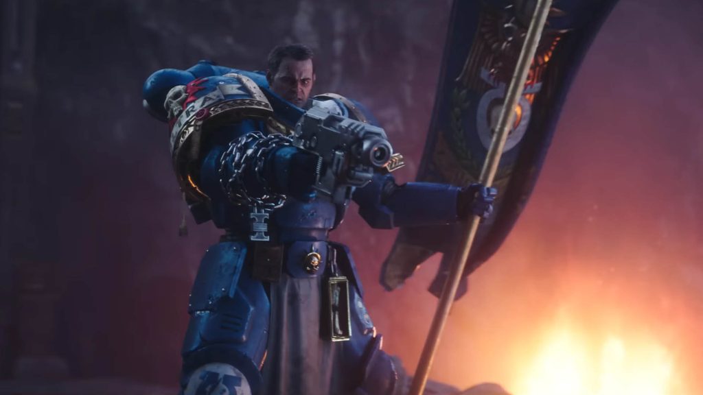 Space Marine 2's main character holding a pistol.