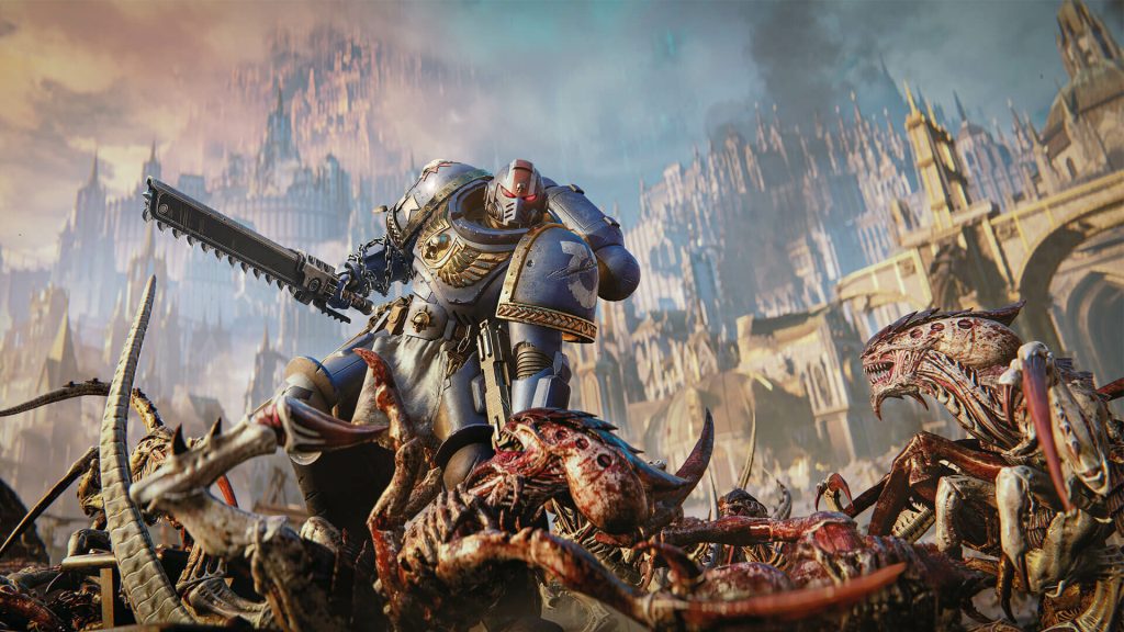 A Space Marine standing on Tyranid corpses.