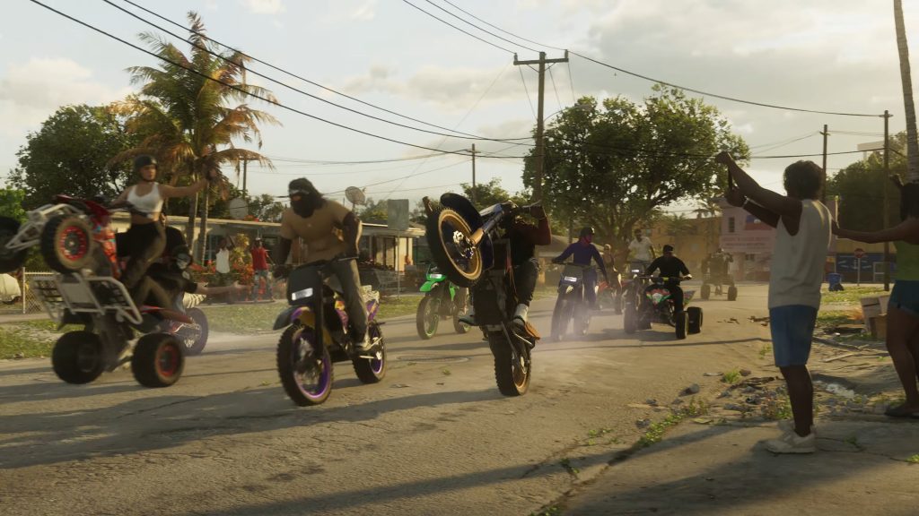 the image shows a a group of bikers doing stunt in GTA 6's Trailer 