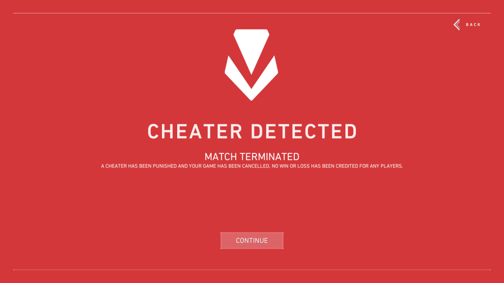 An in-game screenshot of a cheater detected screen in Valorant.