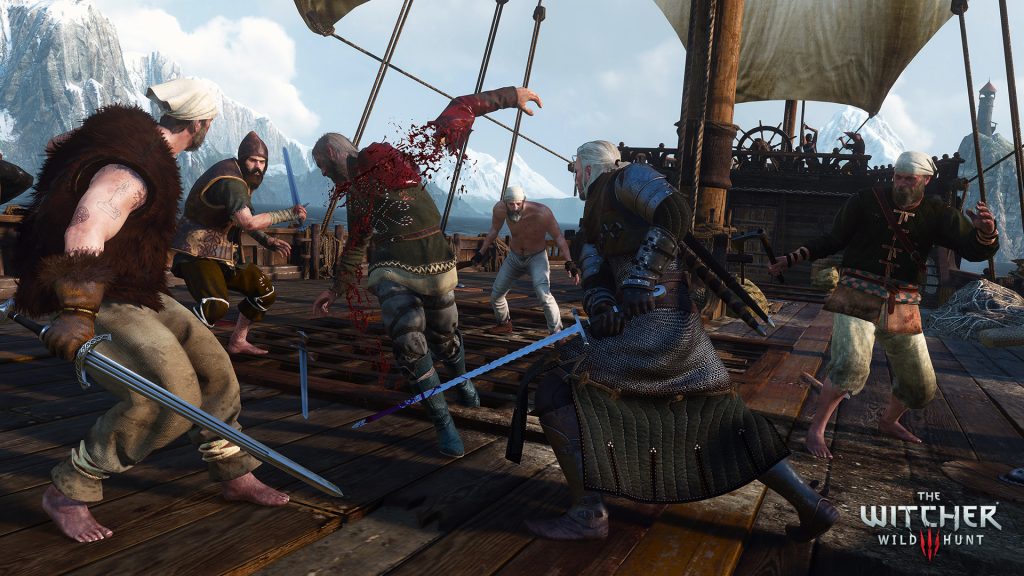 The image shows Geralt fighting enemies in The Witcher 3: Wild Hunt 