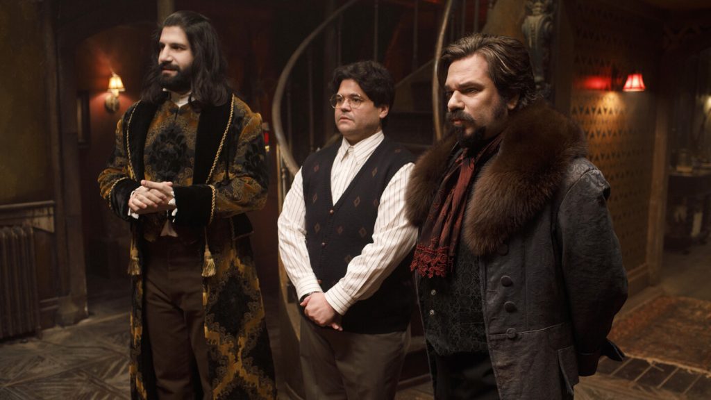 Kayvan Novak, Harvey Guillén, and Matt Berry in What We Do In The Shadows