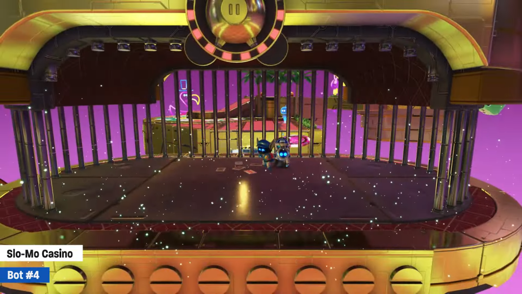 Sly Cooper inside a cage in Astro Bot Slo-Mo Casino level.