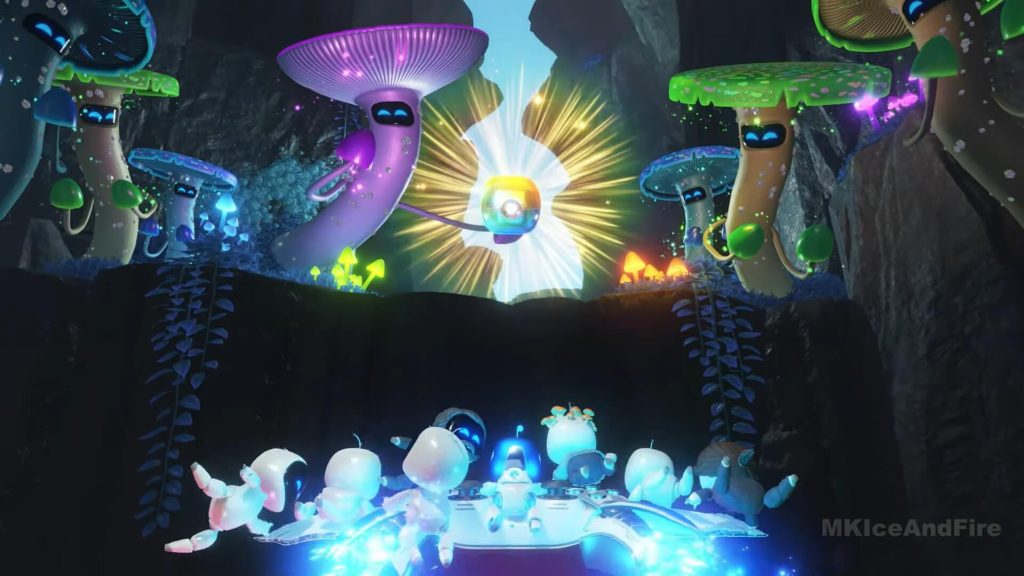 Astro Bot and his companions are about to return home with a magical fungi holding a reward box for them as they go.