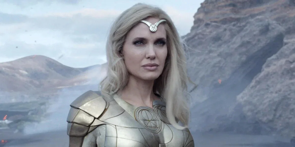Angelina Jolie as Thena looking in a still from Eternals