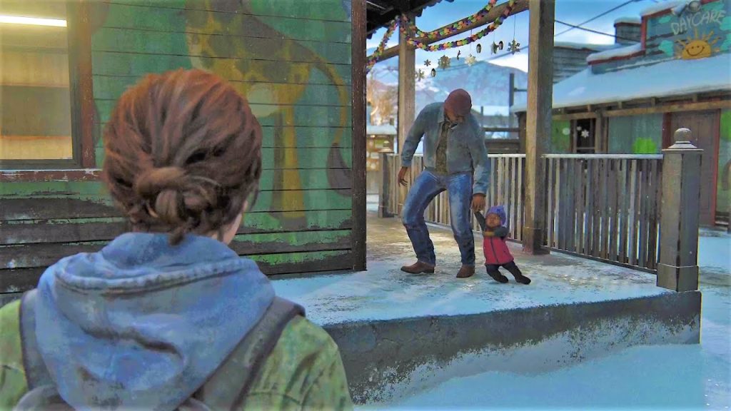 Ellie watching two NPCs in The Last of Us Part 2.