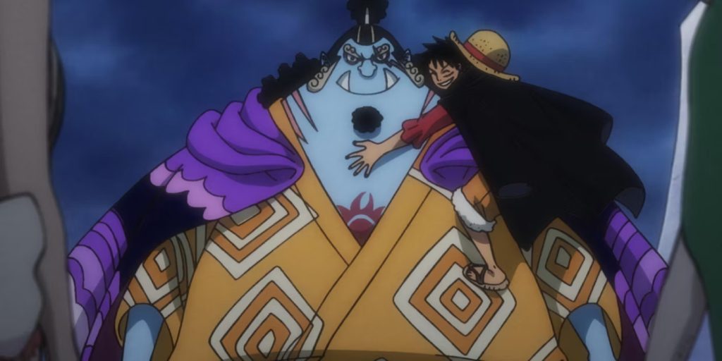 Luffy hugging Jinbe