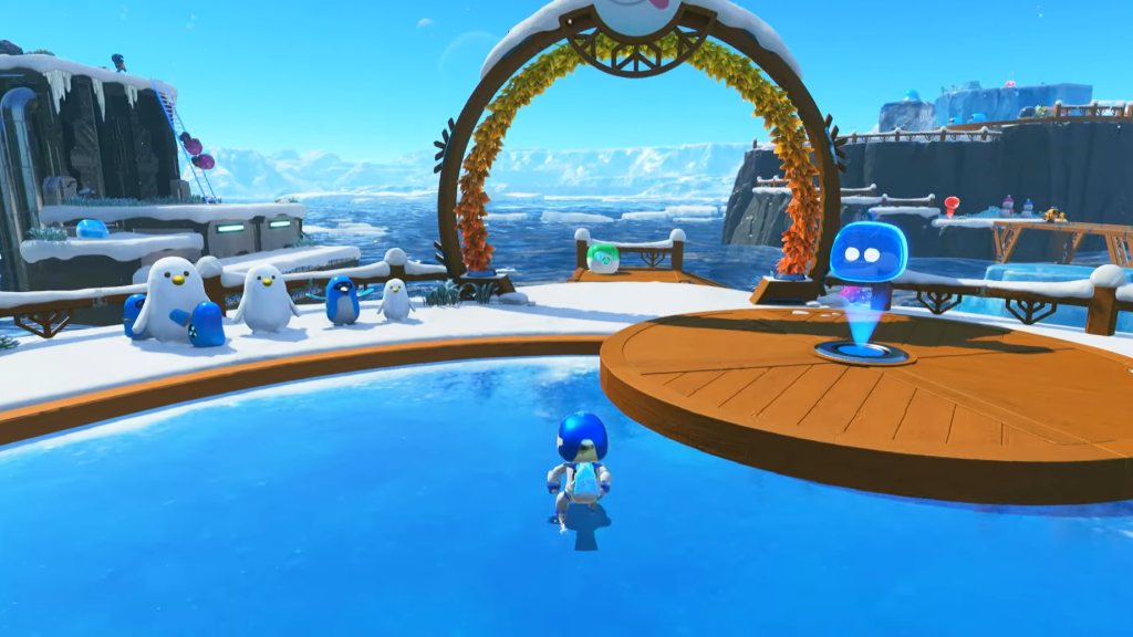 Astro Bot standing on slippery ice and looking at an archway through which he must turn left for the next collectible.