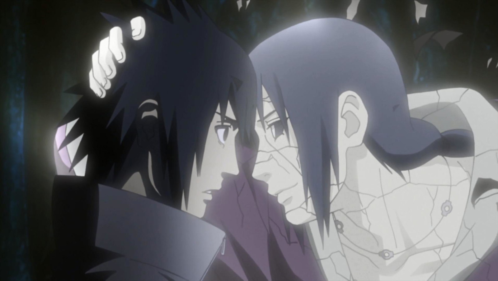 Itachi is glowing while putting his head against Sasuke's in the picture 