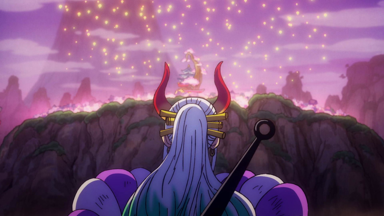 Yamato's back is visible as he looks over Wano in One Piece