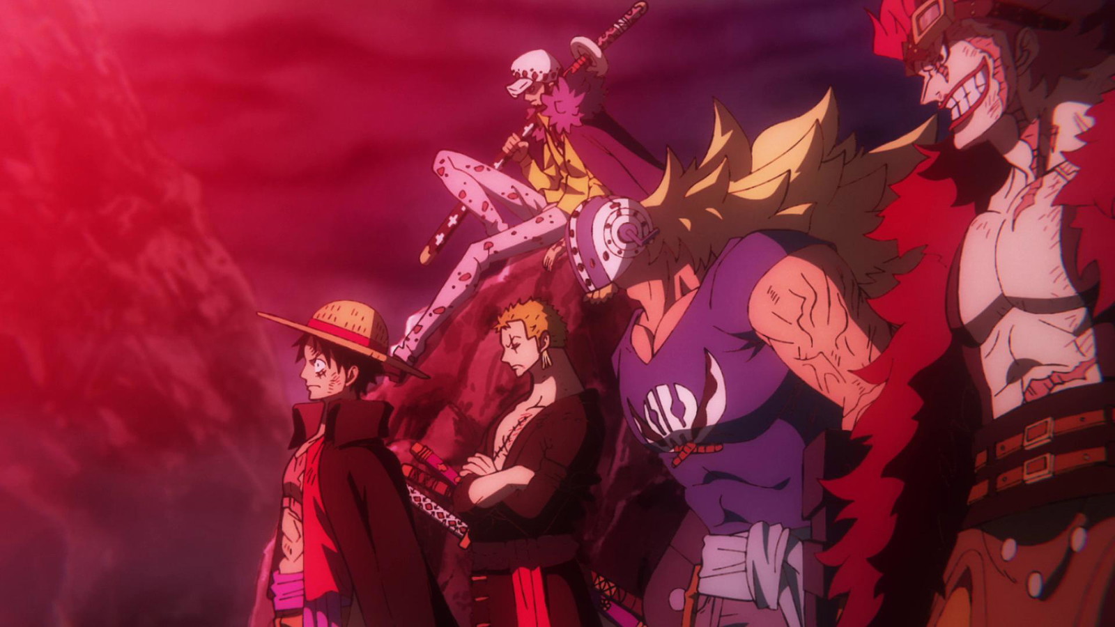 Luffy, Zoro and other characters of One Piece are standing with serious expressions in Eiichiro Oda's One Piece