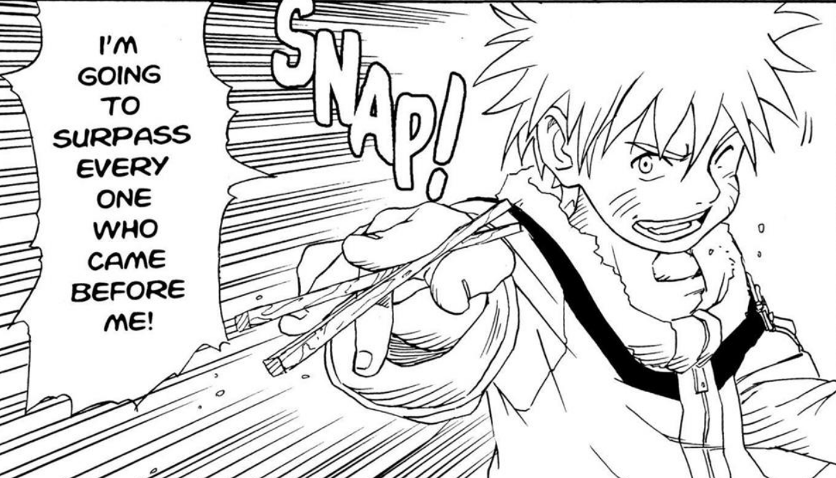 Naruto is winking while holding chopsticks in his hand in Naruto manga