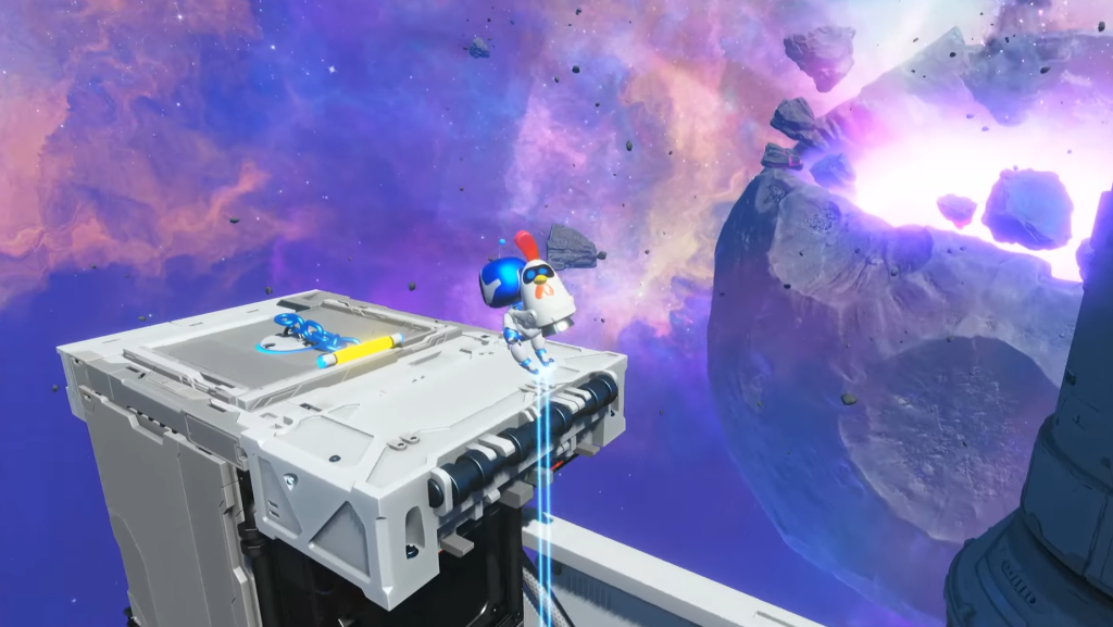 Astro Bot using his leg thrusters to get onto a platform with an interactable handle.